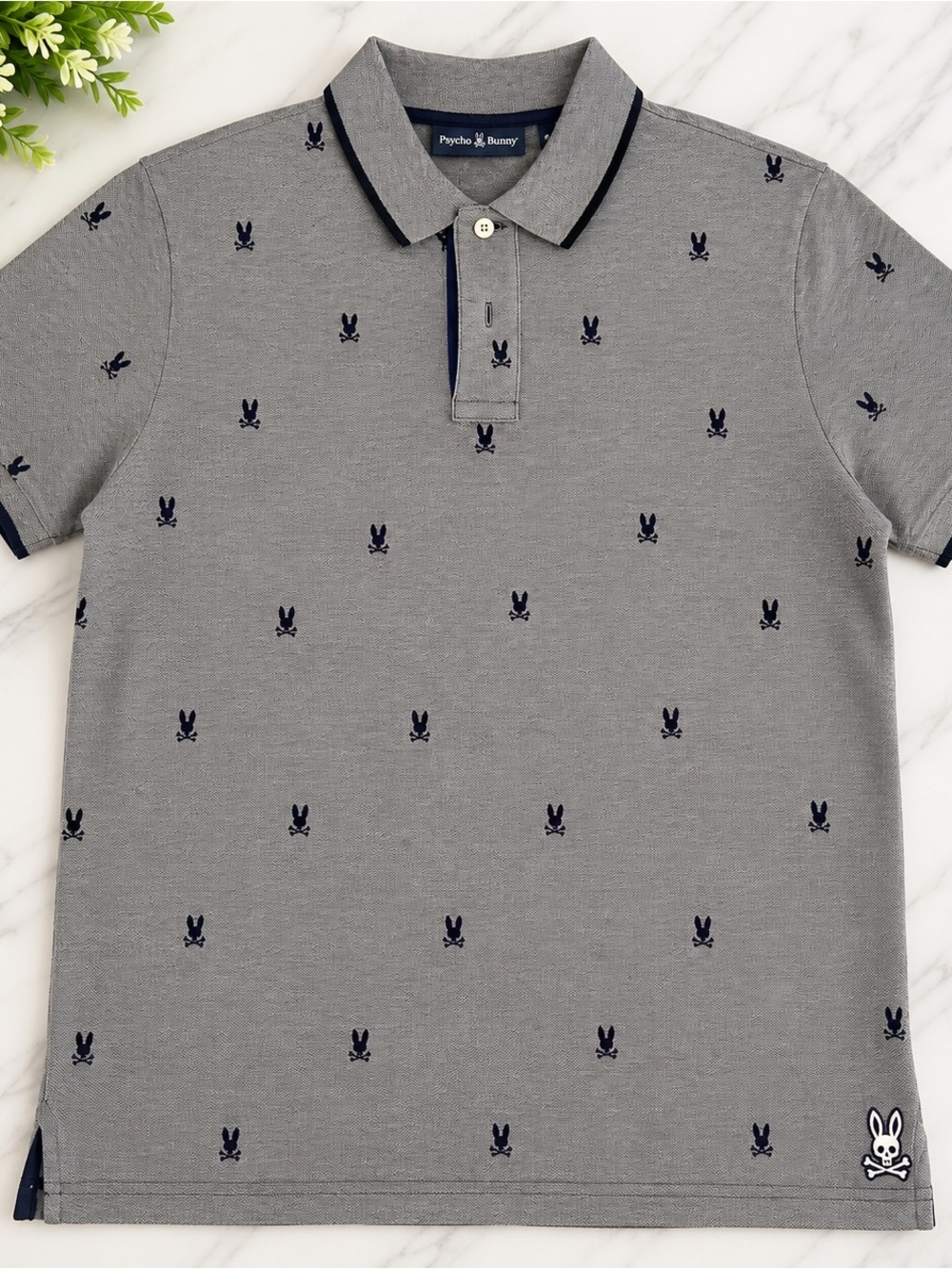 Psycho Bunny Men’s Gray Navy Logo Embroidered Pima Cotton Polo Size 5 -Large